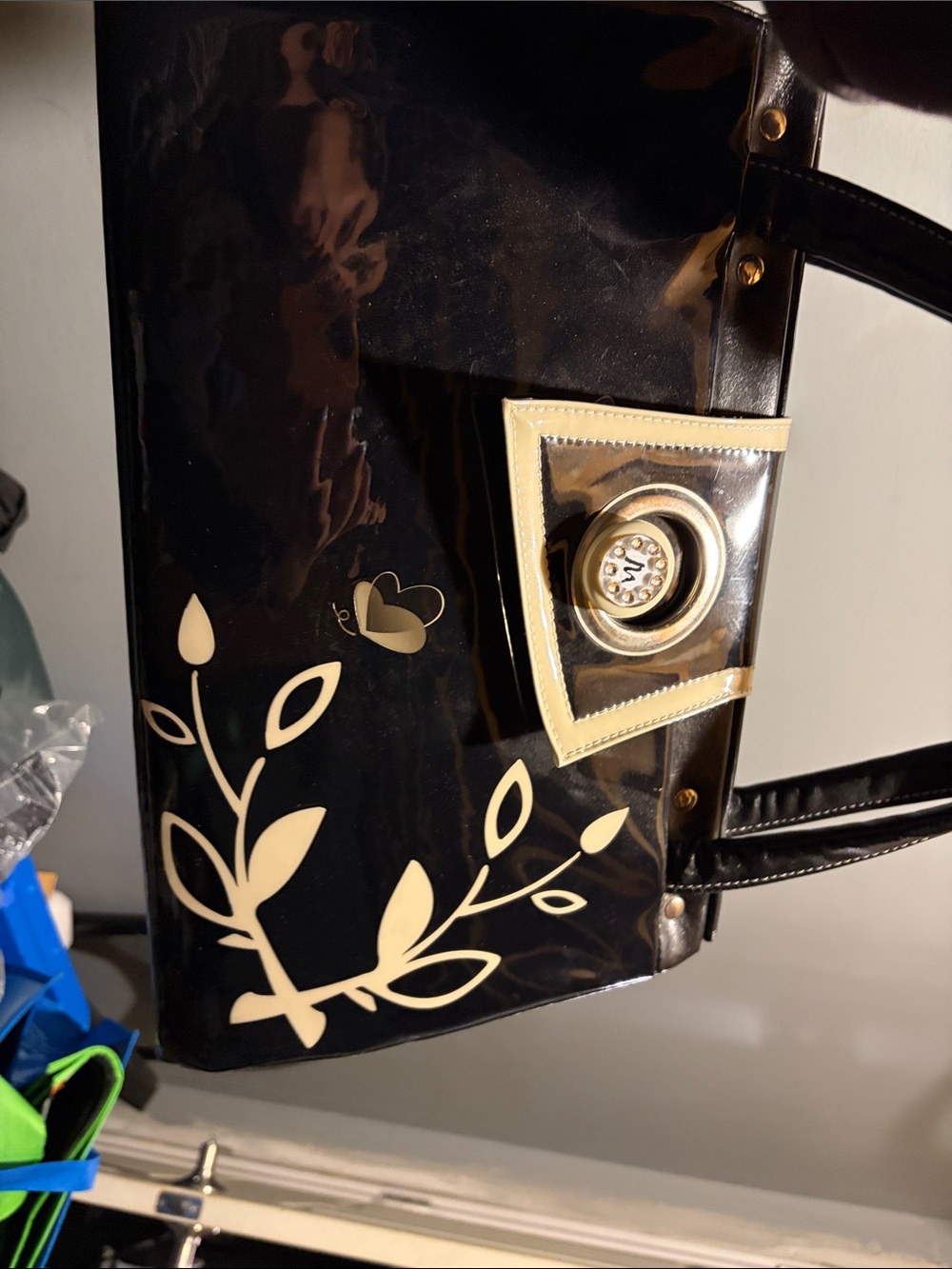 Patent Floral Tote Bag with Cream Accent